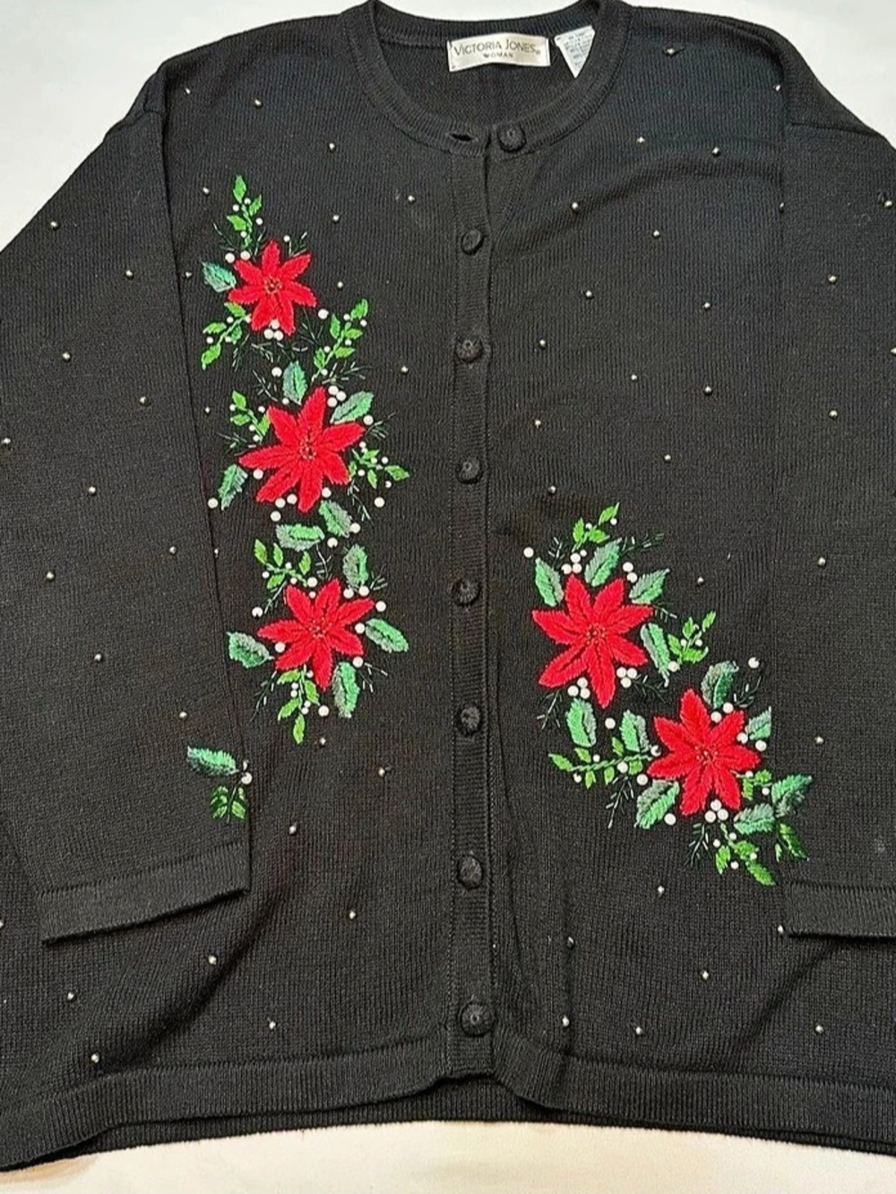 Vintage Victoria Jones Woman Christmas Cardigan Sweater 2X Black Beaded Poinsett